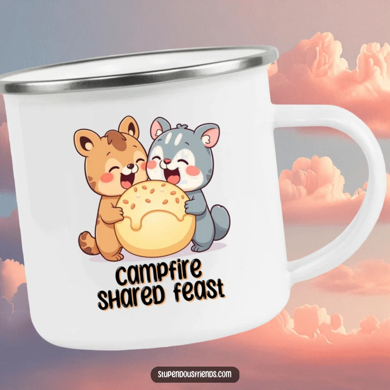 Funny camping mug showing two happy animal characters sharing a giant, delicious treat, perfect for outdoor bonding.