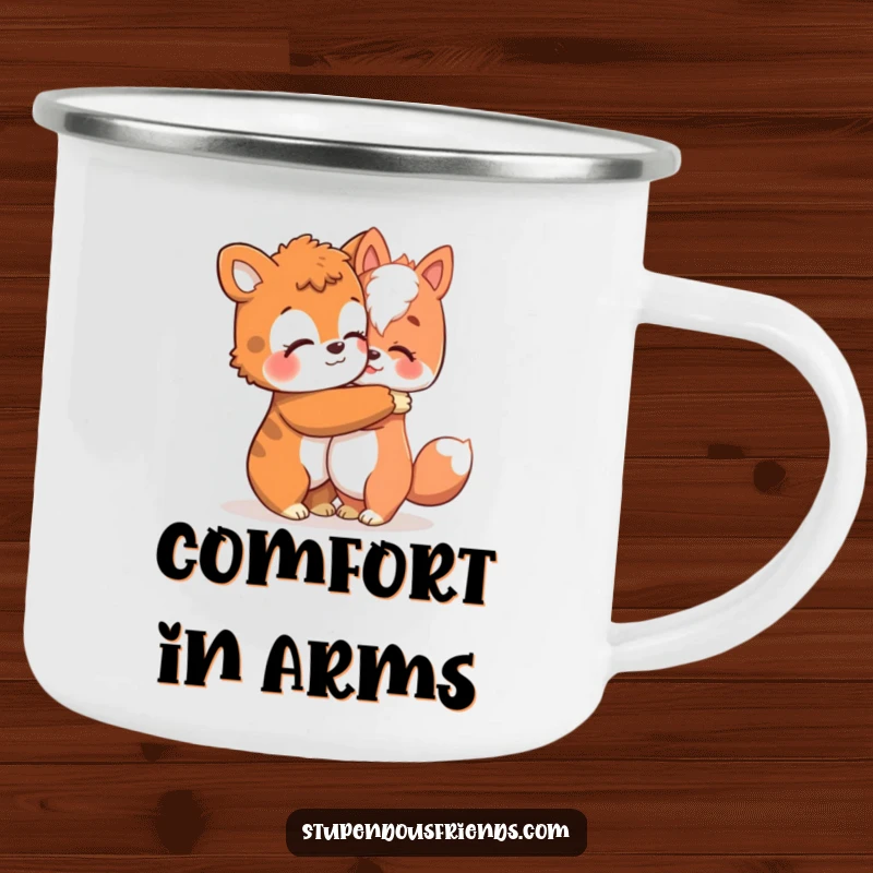 Funny camping mug with an animal character giving a warm hug, symbolizing comfort and friendship during outdoor adventures.