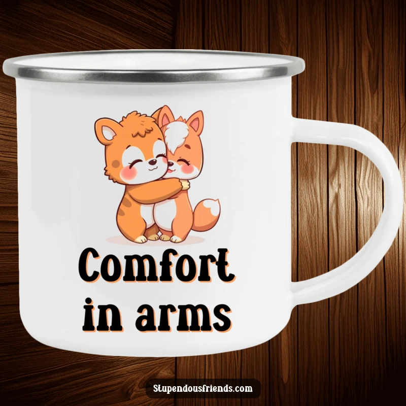 Funny camping mug with an animal character giving a warm hug, symbolizing comfort and friendship during outdoor adventures.