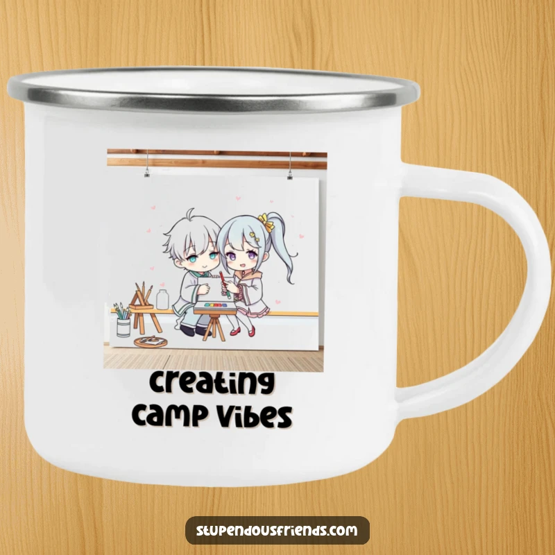 Funny camping mug showing two characters painting on a large canvas amidst nature, a humorous scene for outdoor artistic inspiration.