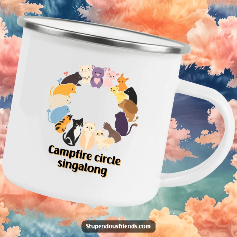 Funny Camping Mug showcasing a circle of animal silhouettes, perfect for outdoor enthusiasts and nature lovers.