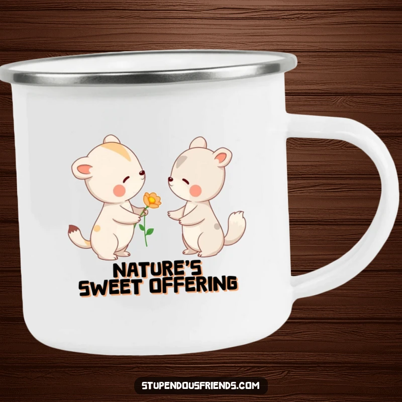 Funny camping mug with an animal offering a flower to another with a gentle nod, perfect for outdoor acts of kindness.