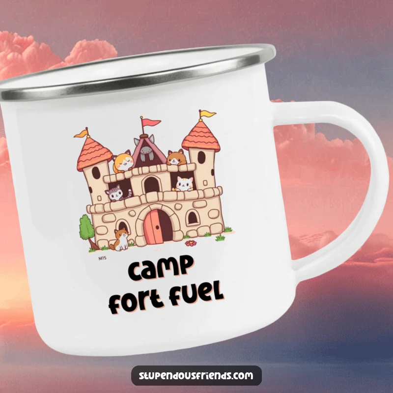Funny camping mug featuring animal friends building a whimsical fort, perfect for outdoor enthusiasts who love teamwork and fun.