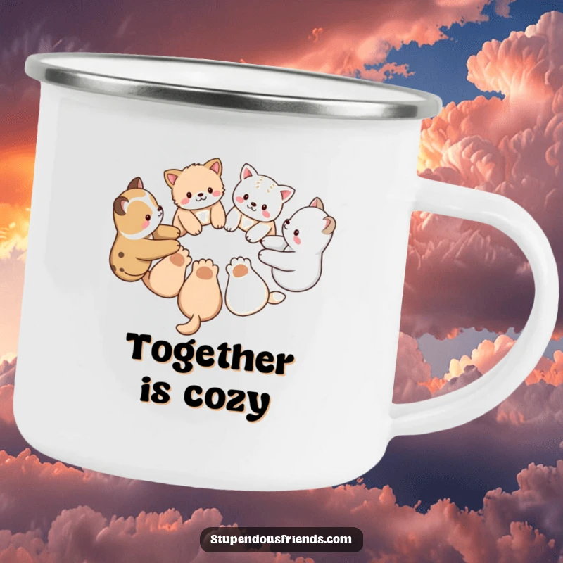 Funny camping mug with a group of animal characters holding paws in a circle, perfect for enjoying drinks during group outdoor activities.