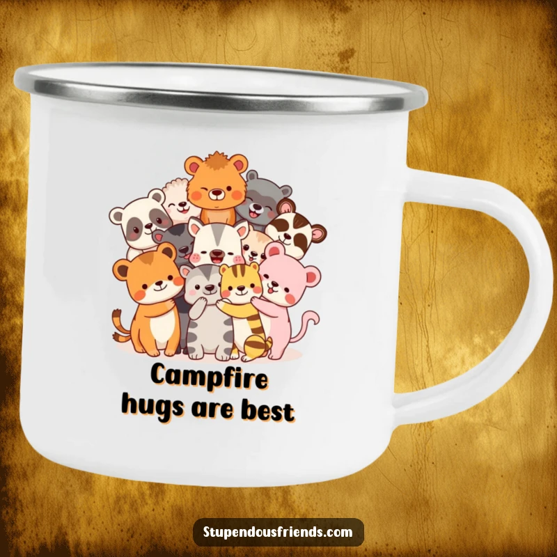 Funny Camping Mug: Diverse animal friends share a massive, loving hug. This durable and funny mug is perfect for campfire companionship.