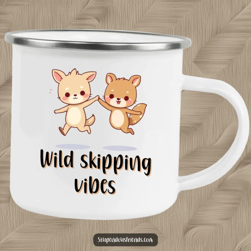 Funny camping mug featuring two cute animals skipping joyfully, holding hands, perfect for outdoor enthusiasts who appreciate a humorous and charming design.