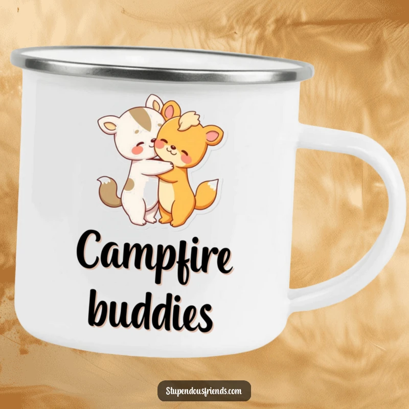 Funny camping mug with two adorable animal characters in a warm hug, perfect for outdoor enjoyment.
