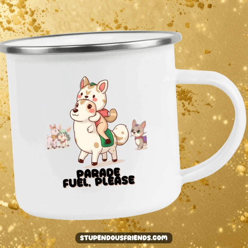 Funny Camping Mug: A durable mug with a funny animal parade graphic, ideal for outdoor use, showcasing joy and camaraderie among characters.