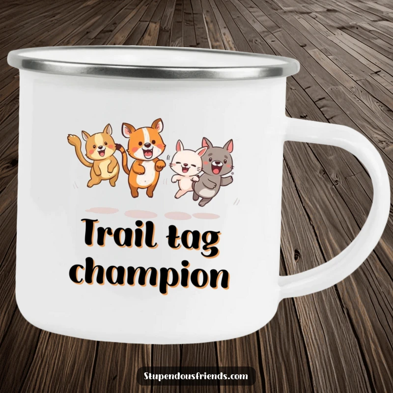 Funny camping mug showcasing animals energetically playing tag, perfect for outdoor adventures.