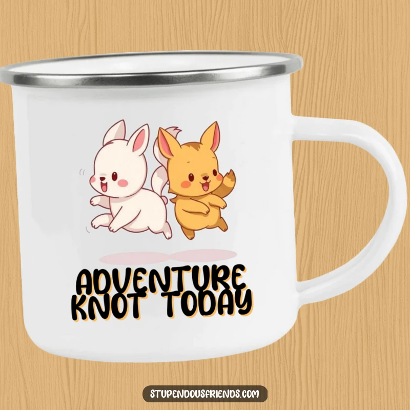 Funny camping mug showcasing animals playfully running, their tails tangled in a humorous, adventurous design.