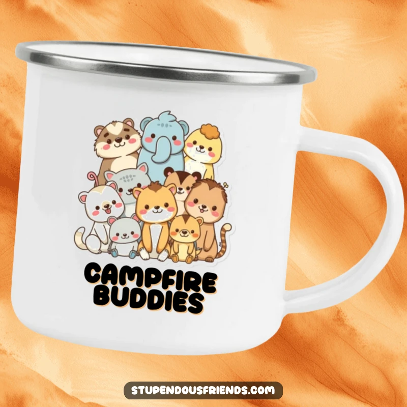 Funny camping mug with diverse, smiling animal characters in a warm huddle, perfect for outdoor gatherings and unity.
