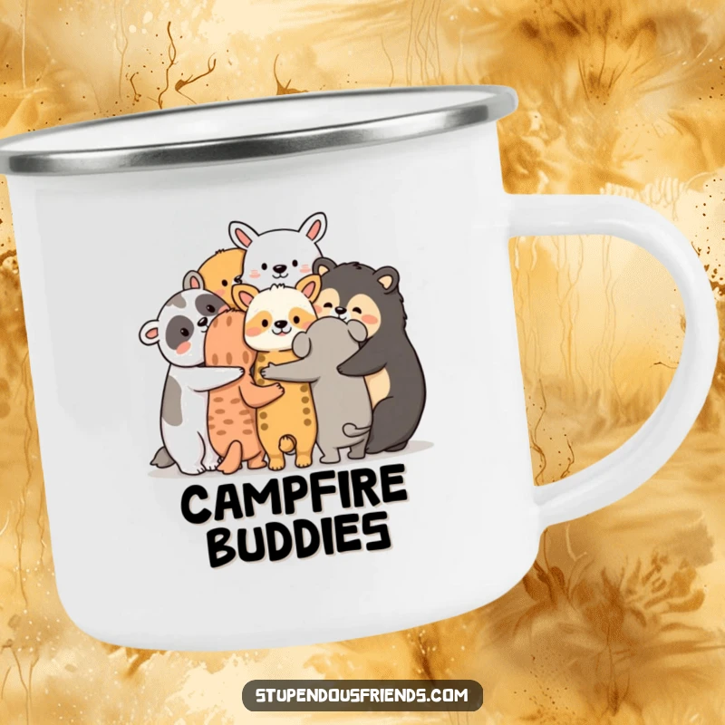 Funny animal friendship camping mug, a group huddled together with arms around each other, perfect for cozy outdoor drinks.