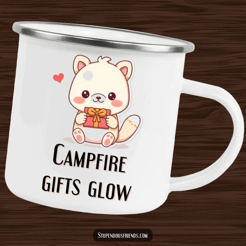 Funny camping mug with an animal presenting a DIY gift, perfect for thoughtful outdoor moments. A charming funny gift.