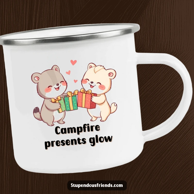 Funny animal characters joyfully exchanging brightly wrapped gifts, ideal for a humorous camping mug for festive outdoor trips.