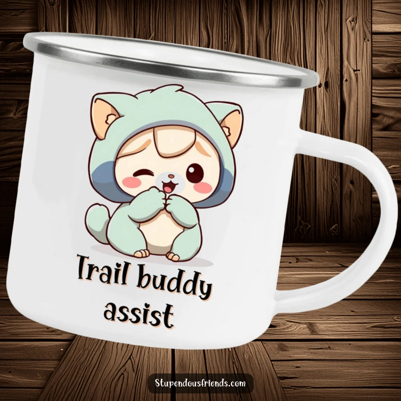 Funny Camping Mug showing a character offering a helping paw to another, ideal for outdoor enthusiasts.