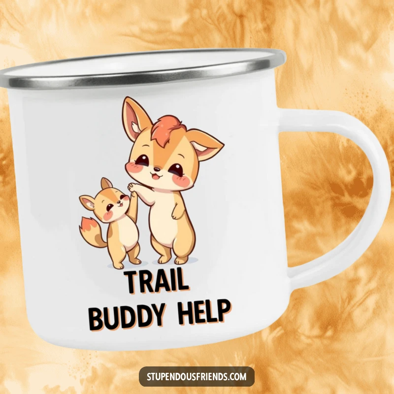 Funny camping mug featuring an animal character extending a paw to help another, representing support and camaraderie in the wild.
