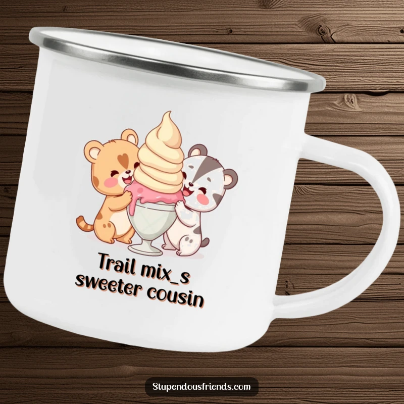 Funny animal characters sharing a huge scoop of ice cream with delight, ideal for a humorous camping mug for outdoor adventures.