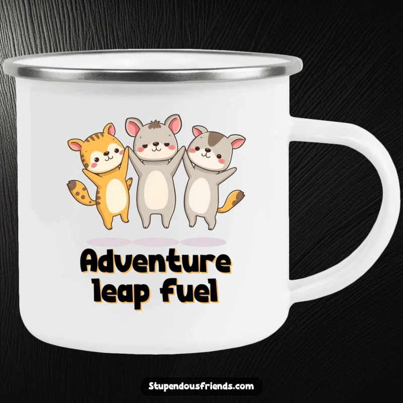 Funny camping mug featuring a group of animal characters holding hands and jumping energetically in a circle, ready for adventure.