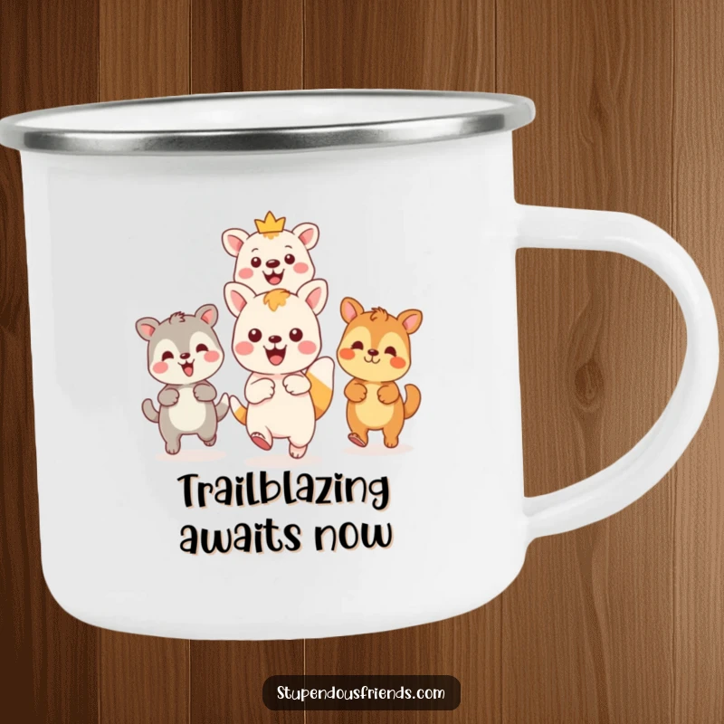 Funny Kawaii animal leading friends on an adventure on a rustic enamel camping mug, a humorous and inspiring outdoor gift.