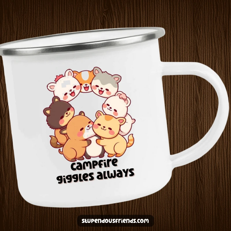 Funny Kawaii animals in a laughing circle on a rustic enamel camping mug, a humorous and joyful outdoor gift.