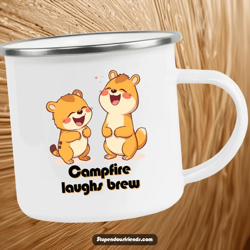 Funny camping mug featuring two animals laughing hysterically together, perfect for outdoor enthusiasts who love humor and shared jokes.