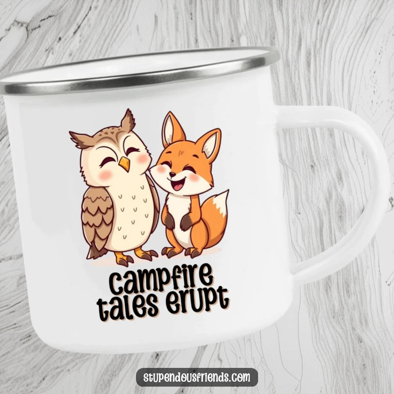 Funny camping mug showing a wise owl and a playful fox sharing a laugh, perfect for outdoor excursions and morning brews.