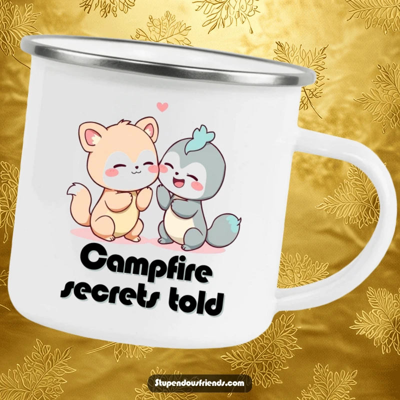 Funny camping mug showcasing two animals whispering secrets and giggling, perfect for outdoor fun.