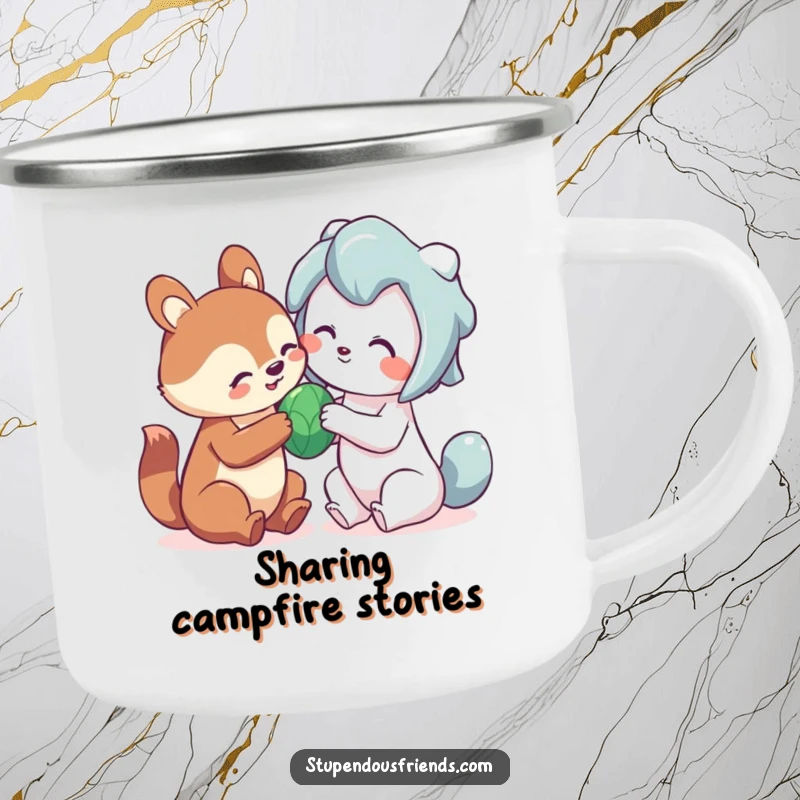 Funny sharing animal camping mug with a cute creature playfully sharing a toy, perfect for cheerful outdoor sipping.