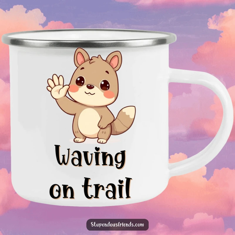 Funny waving animal camping mug with a cute creature waving hello, perfect for cheerful outdoor sipping.