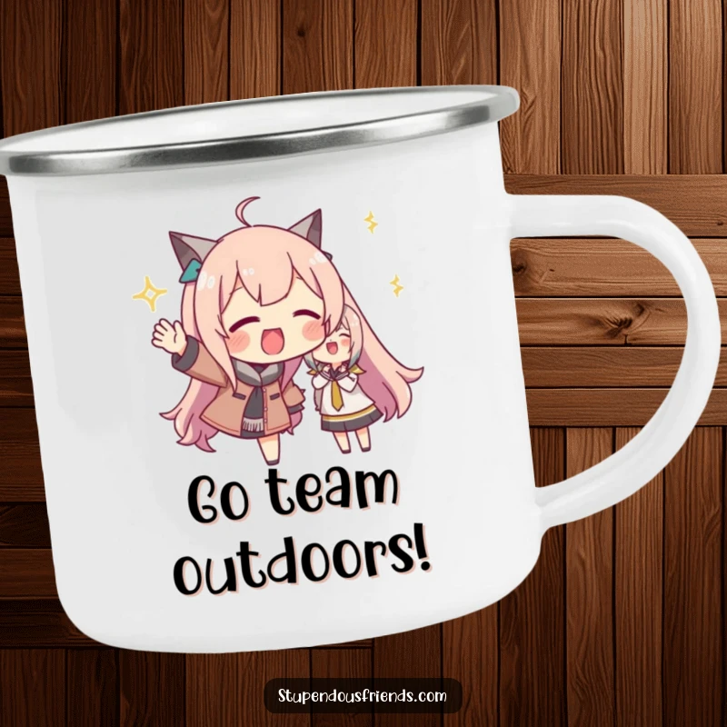 Funny camping mug with a character performing spirited cheers and gestures, ideal for enjoying drinks outdoors while celebrating friendship and fun.