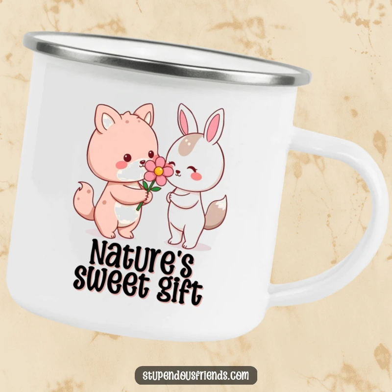 Funny Kawaii animal character giving a flower on a rustic enamel camping mug, a humorous and heartwarming outdoor gift.