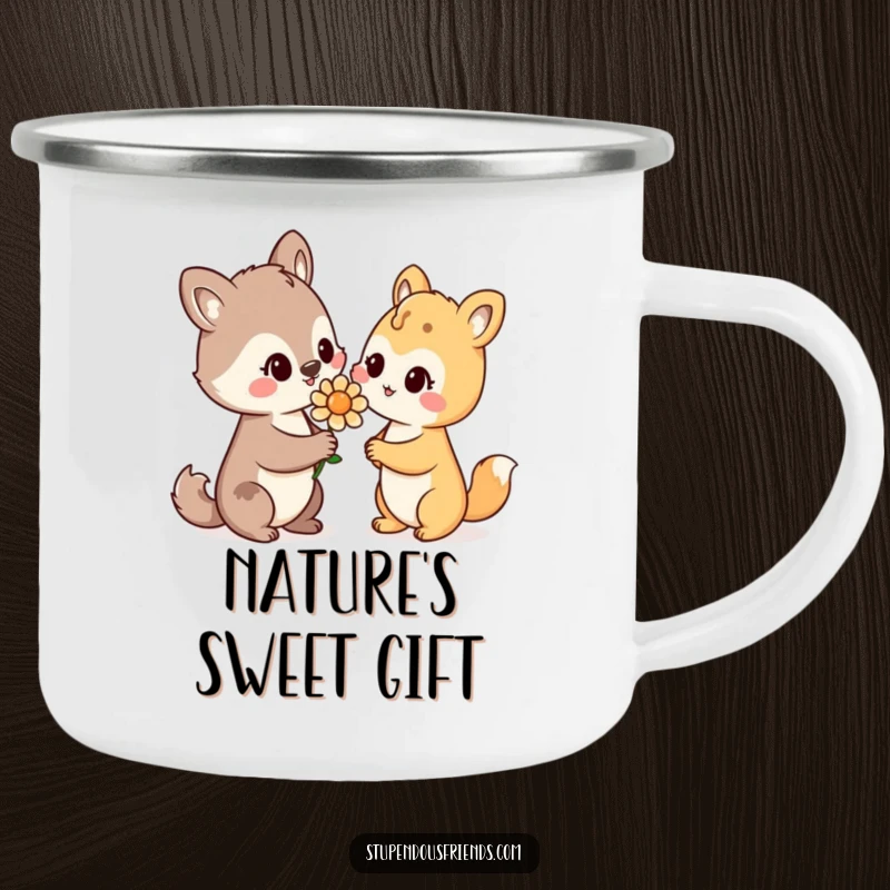 Funny Camping Mug: An animal character offers a flower with a warm smile, perfect for outdoor moments of reflection.