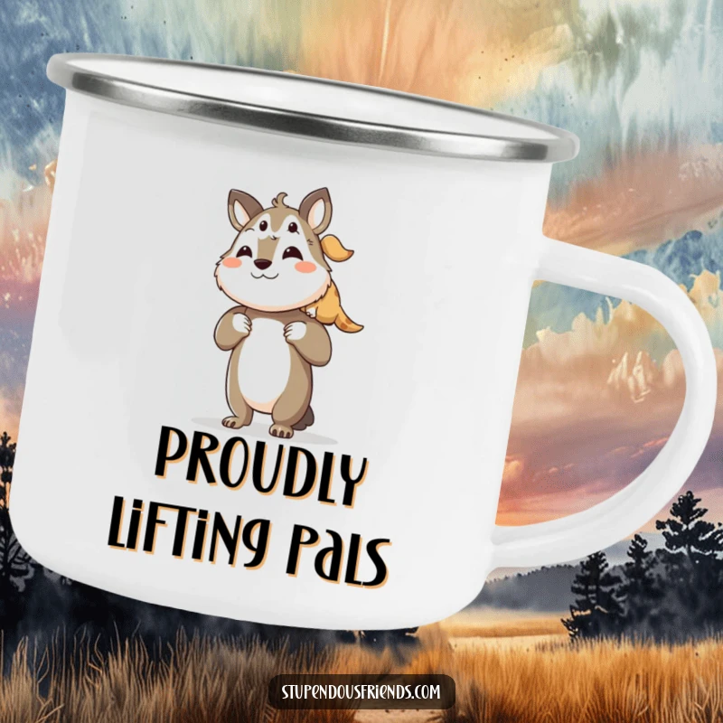 Funny camping mug with a proud character lifting its friend, symbolizing teamwork and shared exploration in the great outdoors.