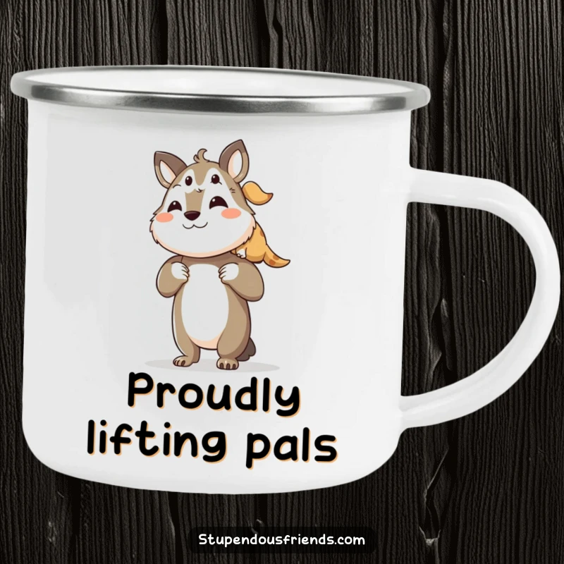 Funny camping mug with a proud character lifting its friend, symbolizing teamwork and shared exploration in the great outdoors.