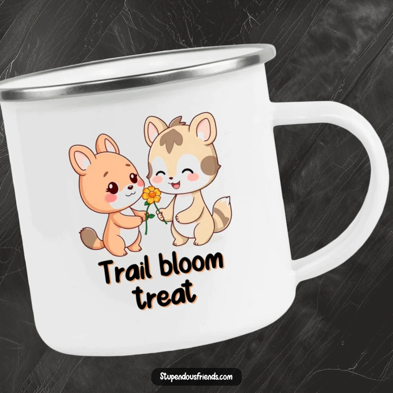 Funny camping mug with a smiling animal character offering a flower, perfect for enjoying drinks in nature with a kind spirit.