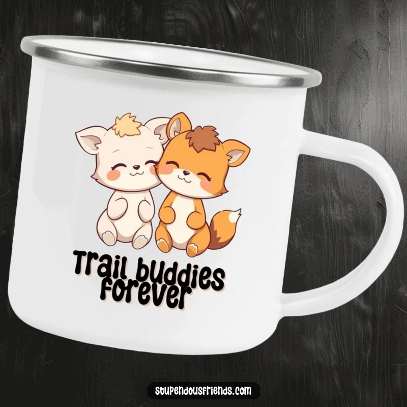 Funny camping mug showcasing two happy animals sharing a hilarious moment, perfect for outdoor adventures and humor.