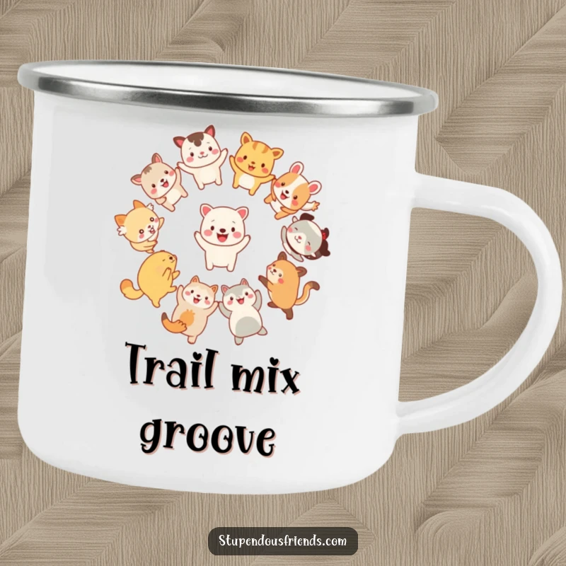 Funny Camping Mug: Animals joyfully dancing in a circle, perfect for outdoor adventures and spreading cheer, a funny gift.