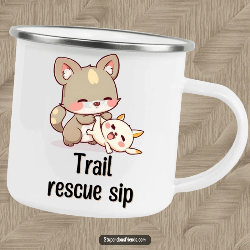 Funny Camping Mug: A whimsical animal character helping another character up, ready for outdoor adventures and mutual support.