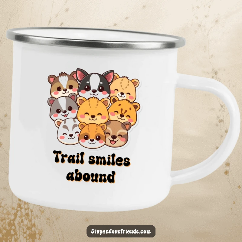 Funny animal smile camping mug showcasing a collection of beaming animal heads, perfect for enjoying drinks outdoors with humor. Great funny gift.