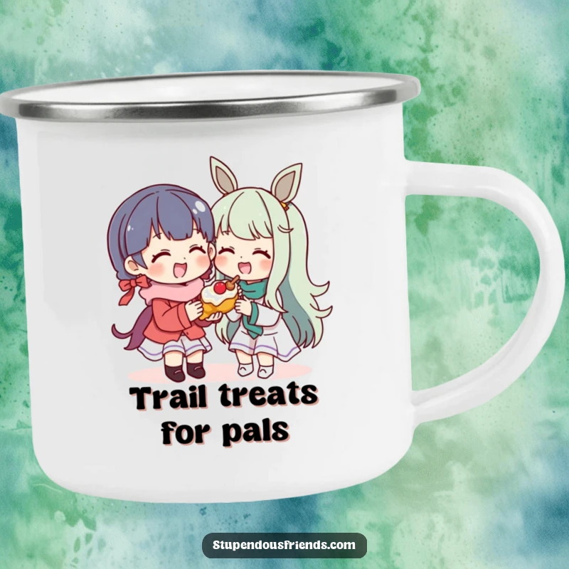 Funny Camping Mug: A character shares a yummy treat with a happy friend. This durable and funny mug is perfect for outdoor enjoyment.