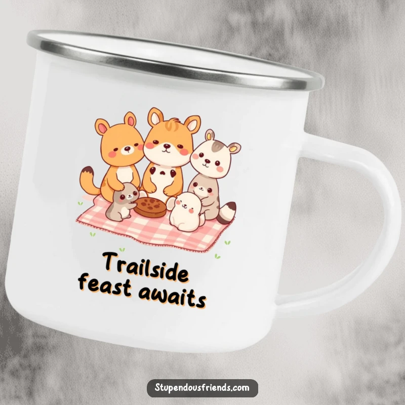 Funny camping mug with animals sharing a picnic, bringing warmth and humor to outdoor drinks. A rugged funny gift.