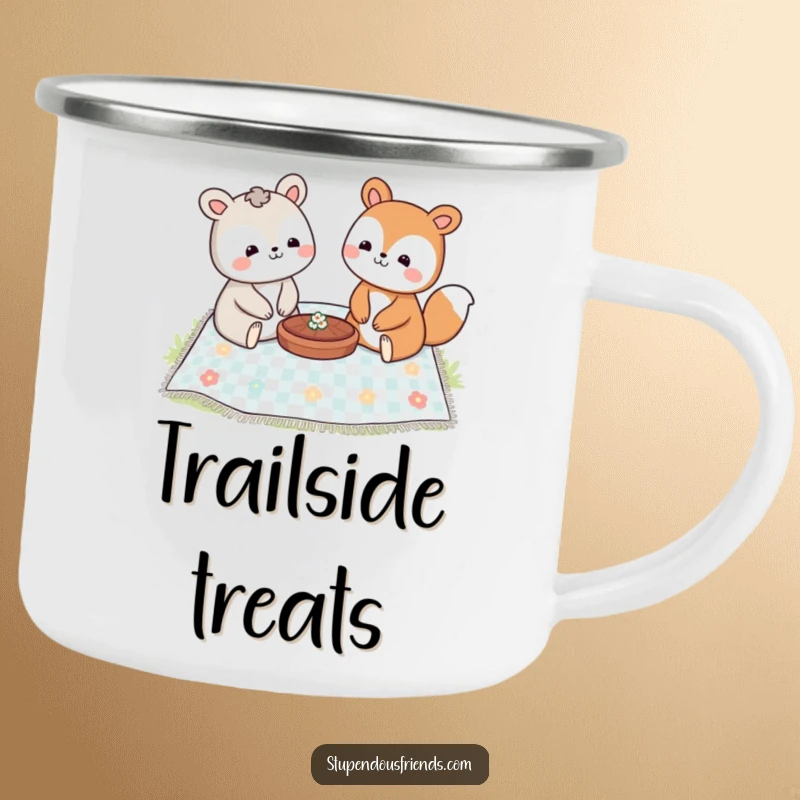 Funny camping mug with two smiling animal characters having a delightful picnic spread on a checkered blanket.