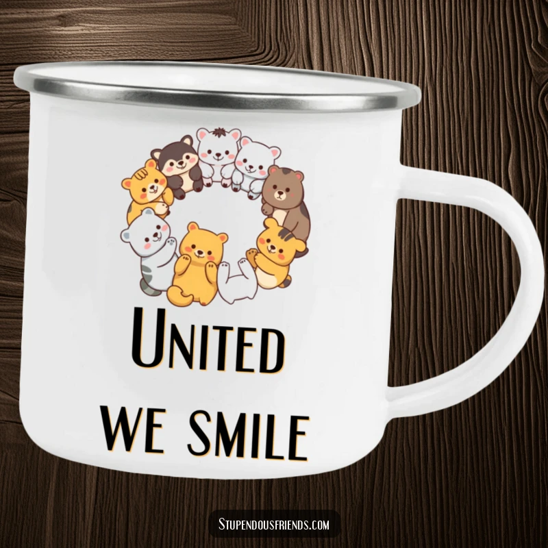 Funny camping mug with diverse animal characters in a circle, holding paws, symbolizing unity and shared outdoor fun.