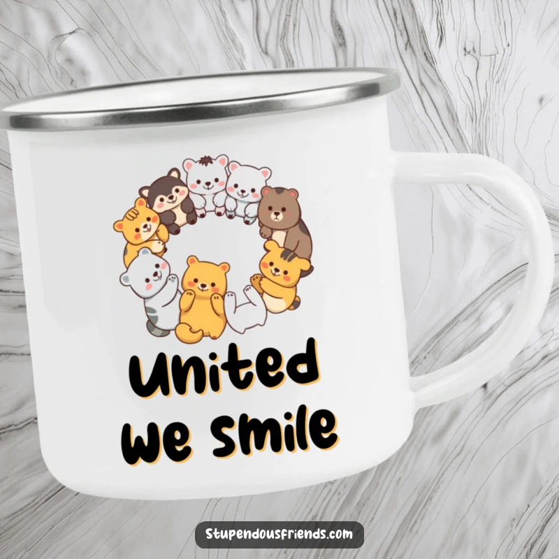 Funny camping mug with diverse animal characters in a circle, holding paws, symbolizing unity and shared outdoor fun.