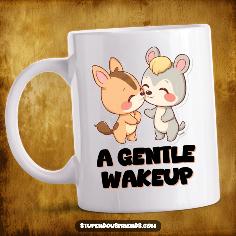 Funny mug featuring a cute animal character tenderly nudging a friend with its nose in a playful, affectionate gesture.