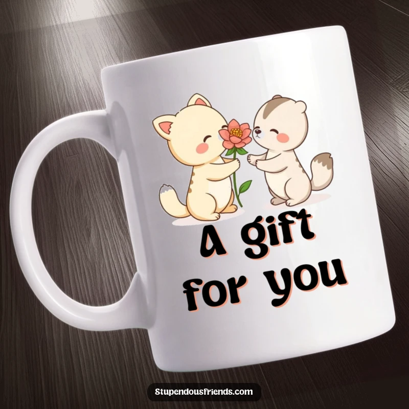 Funny mug depicting one cute animal character gently offering a vibrant, blooming flower to another, symbolizing kindness and friendship.