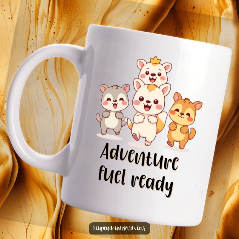 Funny Kawaii animal character leading a group of friends on a playful adventure, pointing forward excitedly on a ceramic mug, a motivational funny gift.