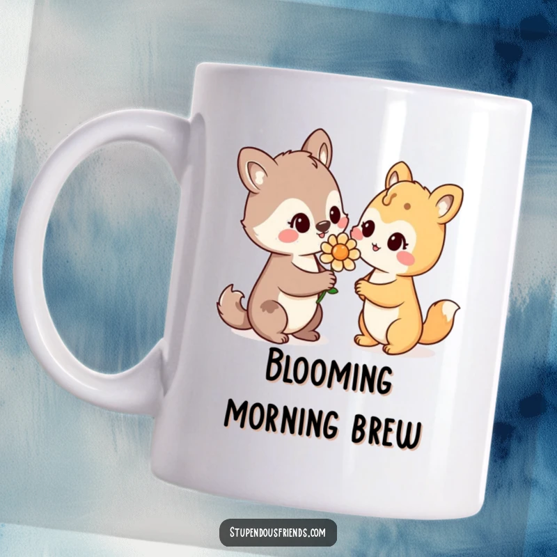 Funny Mug: A kind animal character offers a delicate flower to another with a warm, genuine smile, symbolizing affection.