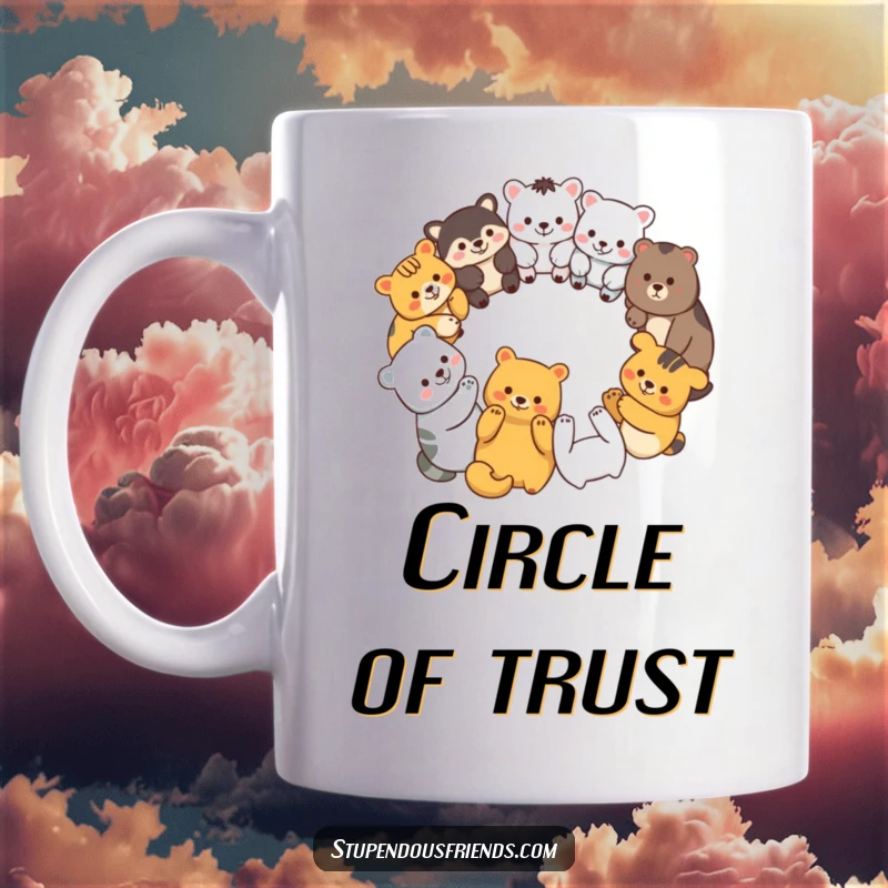 Funny mug showing a diverse group of smiling animal characters forming a circle, holding paws in unity and friendship.