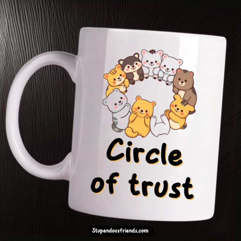 Funny mug showing a diverse group of smiling animal characters forming a circle, holding paws in unity and friendship.
